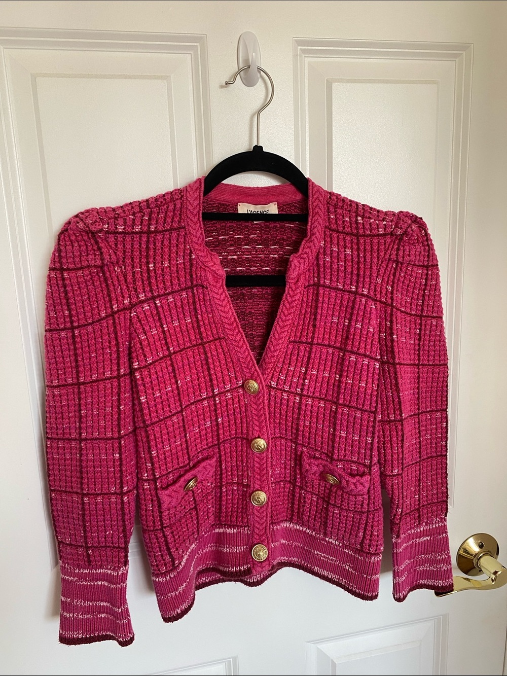 L’AGENCE Pink Women’s Textured Tweed Button-Front Jenni Cropped Cardigan Size S